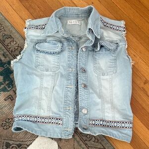 90s Light Blue Denim Vest with Embroidered Trim
